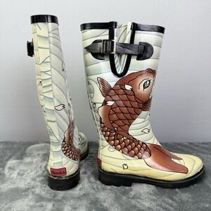 Chooka  Vintage Rain Galoshes Duck Boots KOI FISH POND Fun & Festive‎ Boots Sz 6